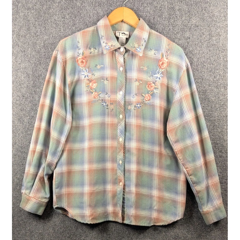 TAG‎ Womens M Plaid Floral Embroidered Button Shirt Cottagecore 90s Y2K Rayon